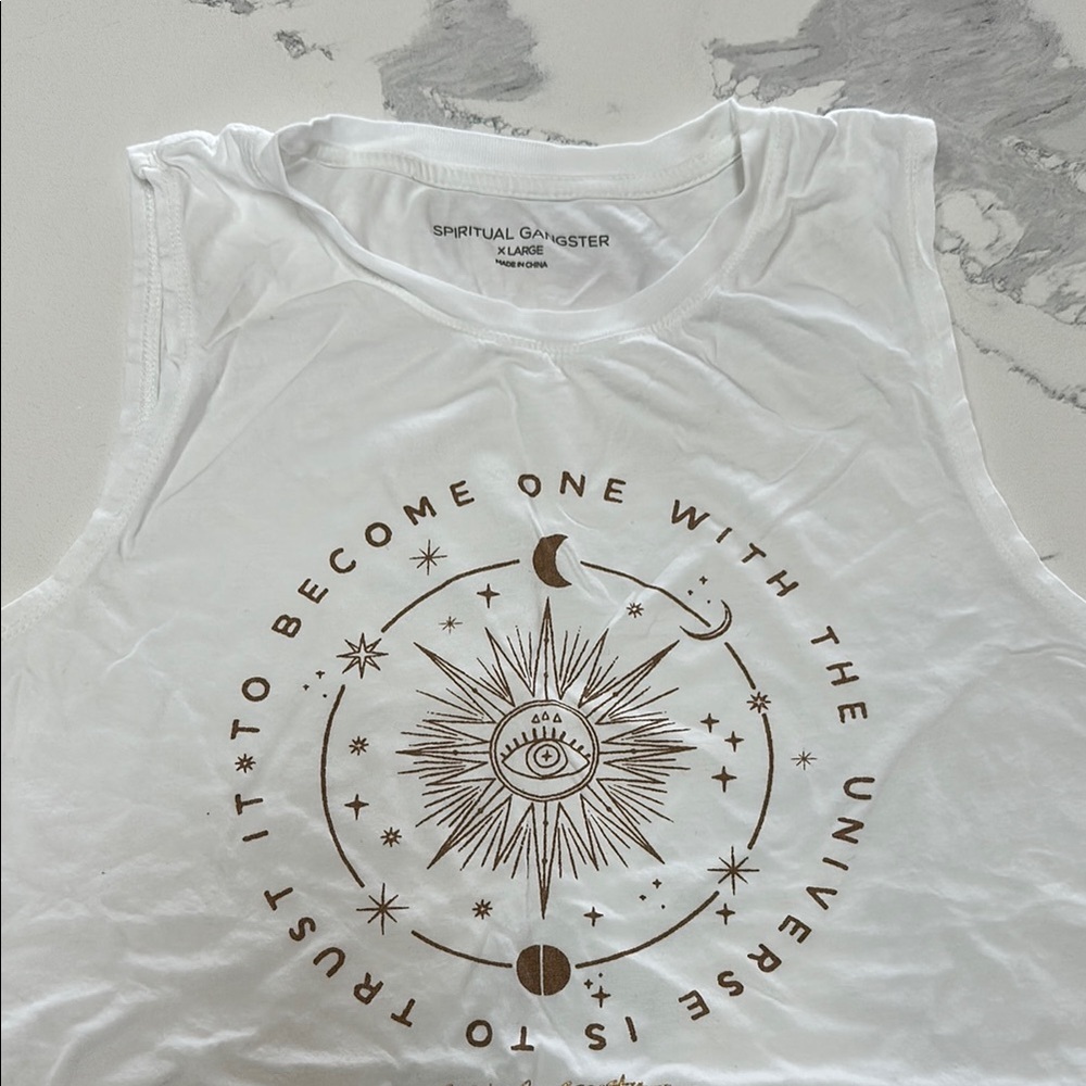 Spiritual Gangster White Tank with Brown Cosmic Design